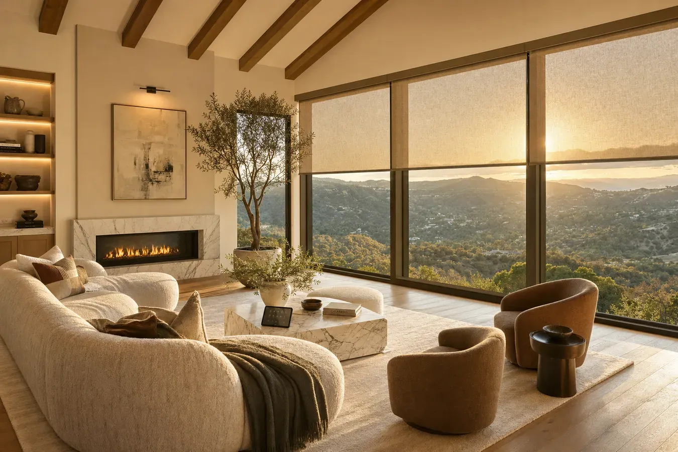 Motorized shades in a modern Calabasas living room