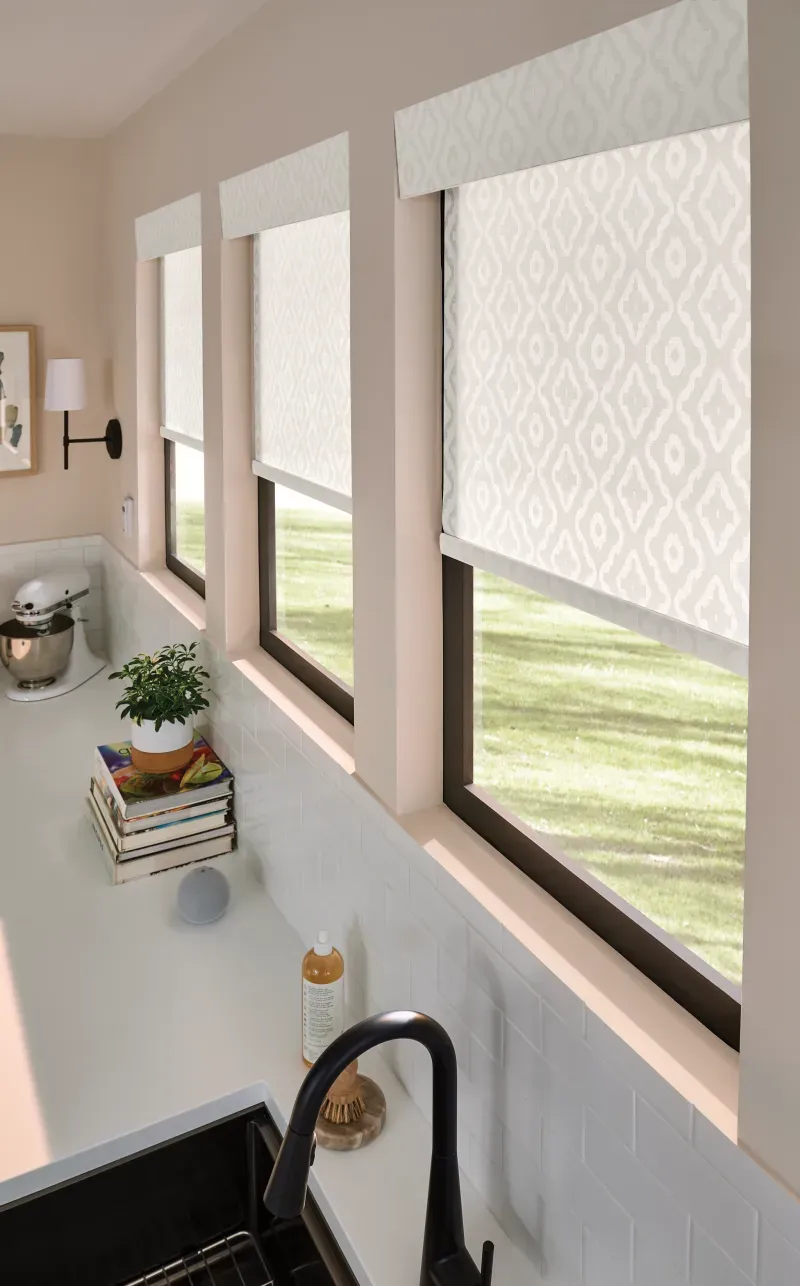 Custom roller shades installation in Southern California - Kitchen – Patterned Shade Close-Up