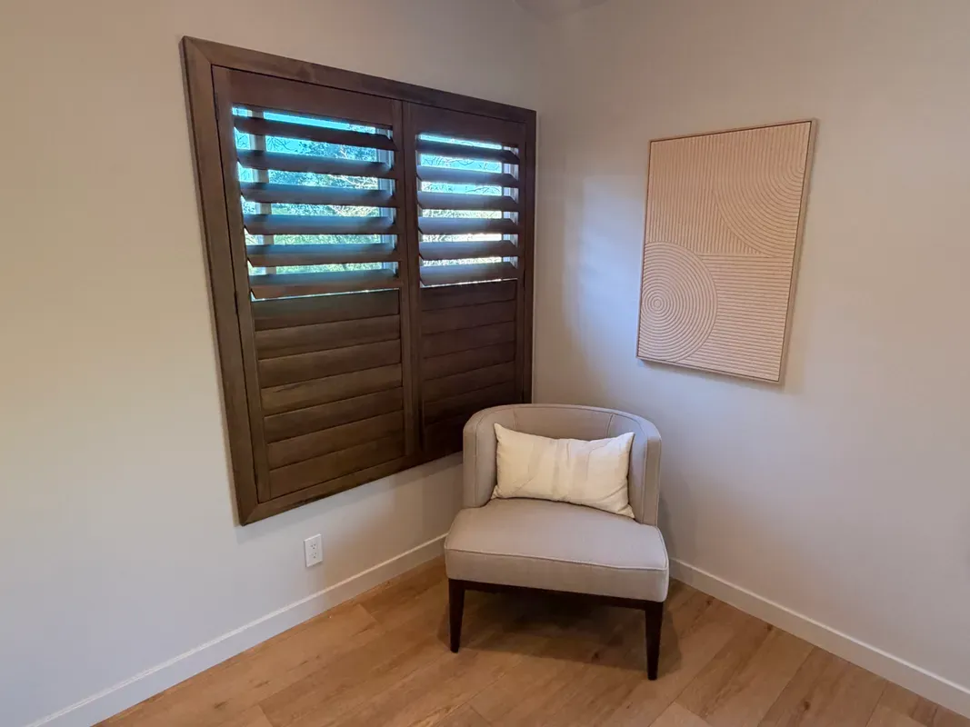 Custom shutters installation in Tarzana - Tarzana – Dark Wood Reading Nook Shutters