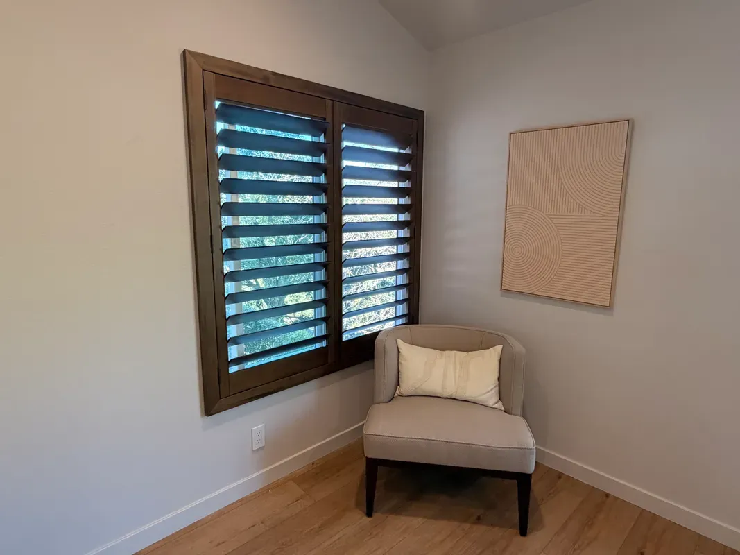 Custom shutters installation in Tarzana - Tarzana – Stained Shutters with Open Louvers
