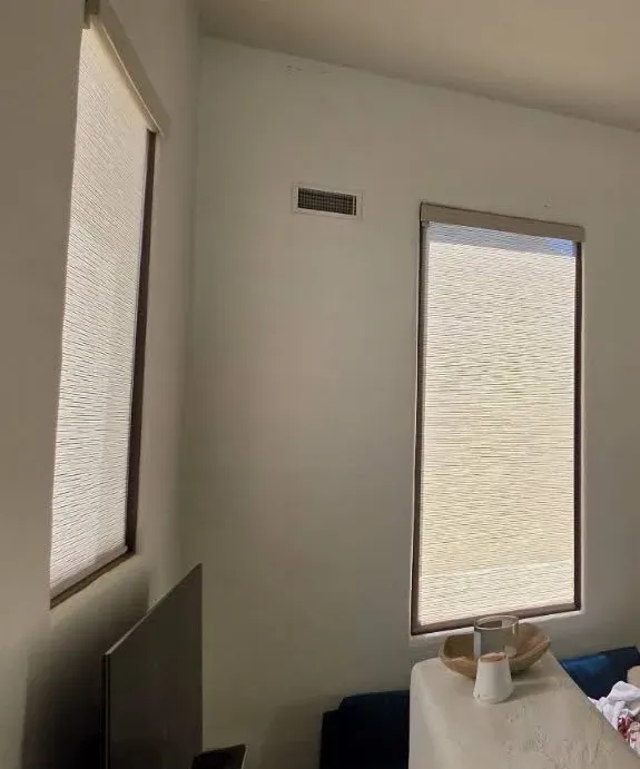 Living Room – Woven-Texture Shades on Tall Windows